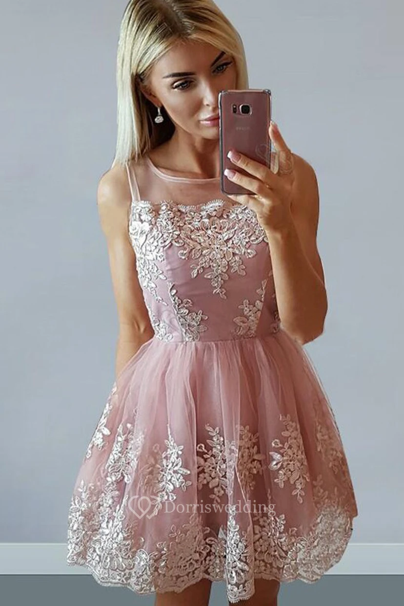 A-line Sleeveless Lace Bateau Zipper Short Mini Homecoming Dress