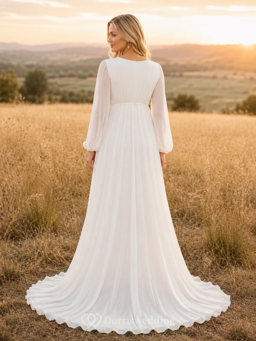 Maternity Wedding Dress V-Neck Long Sleeve Simple Chiffon A-Line Bridal Gown view 2