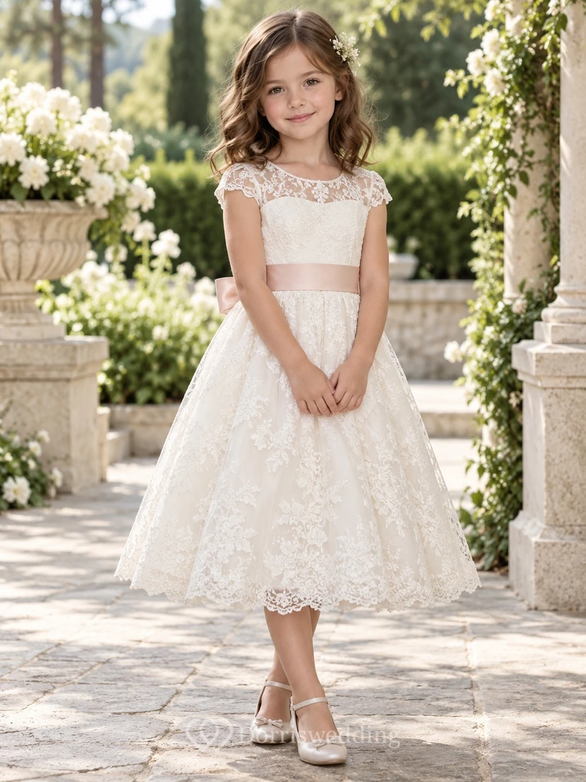 Vestido de niña de flores vintage de corte A con estampado floral color marfil, mangas cortas de encaje y fajín rosa, largo hasta la rodilla.