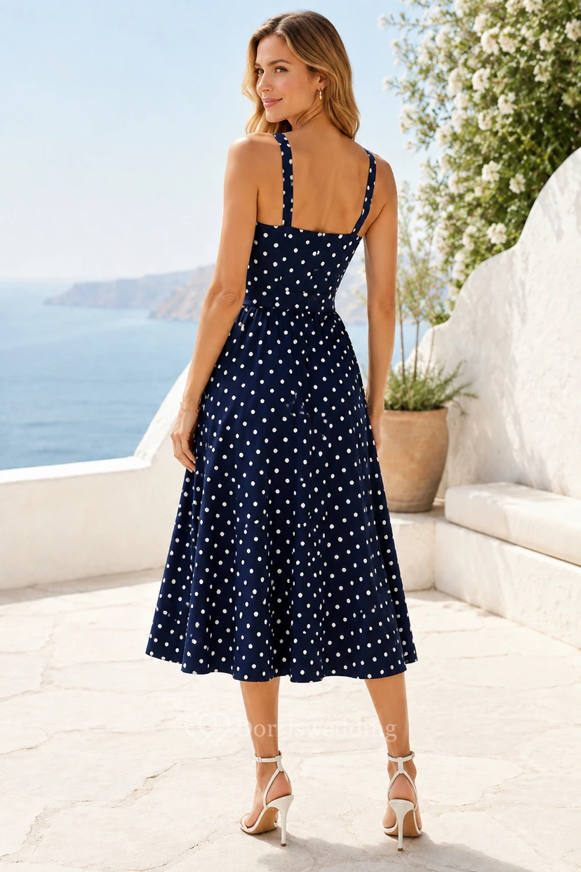 Vestido de invitada de boda azul marino oscuro de gasa, corte en A, escote corazón, sin mangas, largo hasta la rodilla view 2