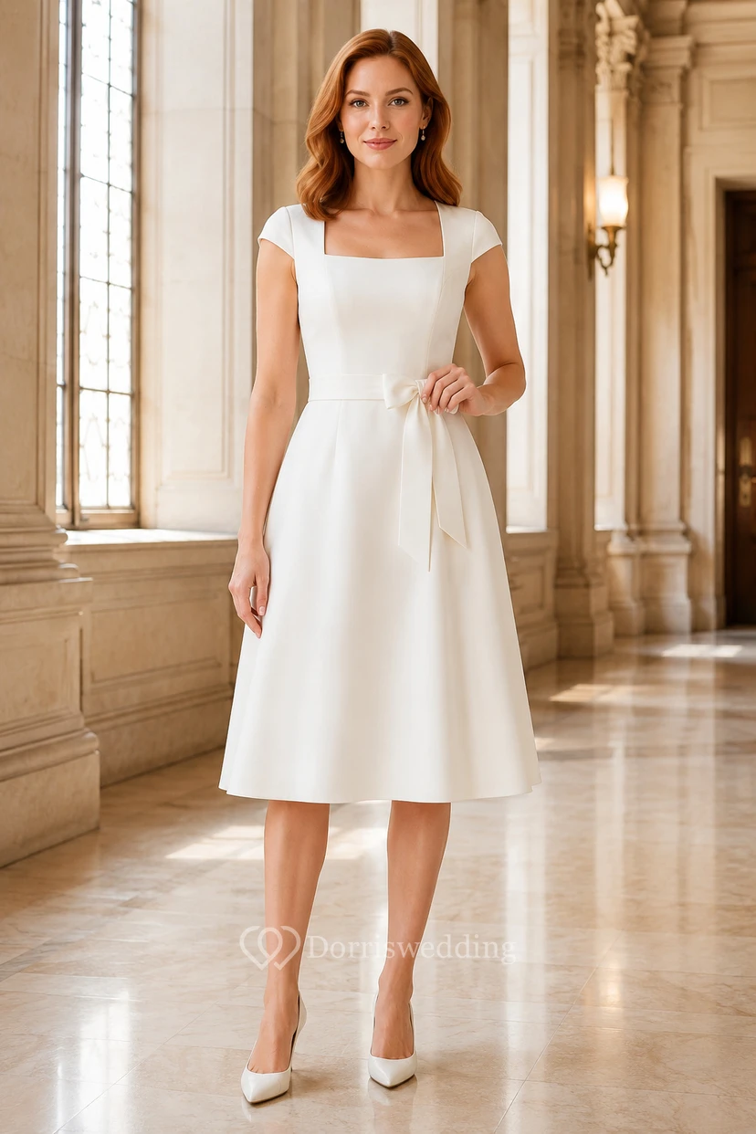 Robe de mariée en satin à encolure carrée, longueur thé, jupe trapèze épurée