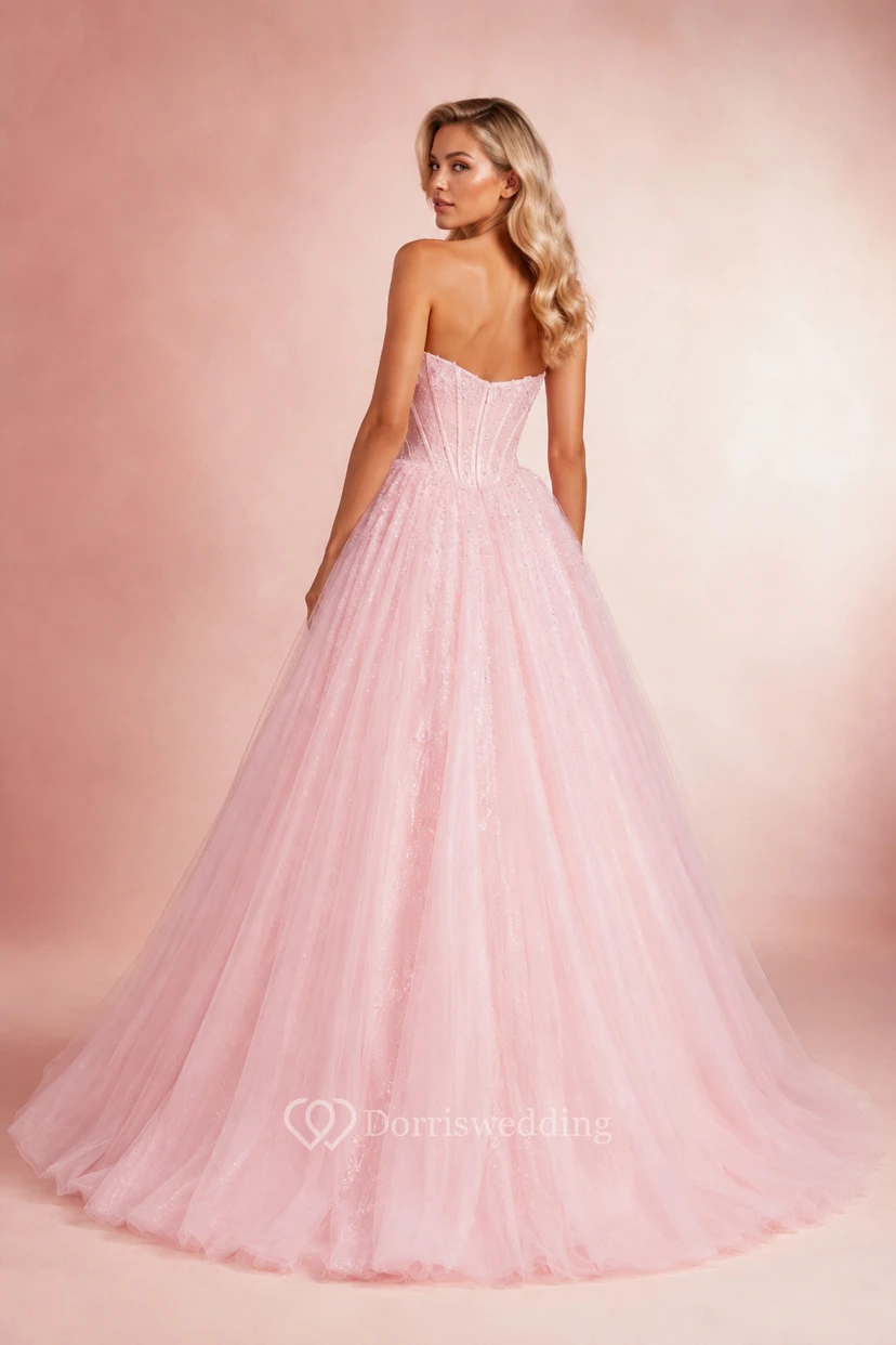 Blushing Pink Strapless Glitter Tulle Ball Gown Prom Dress view 2