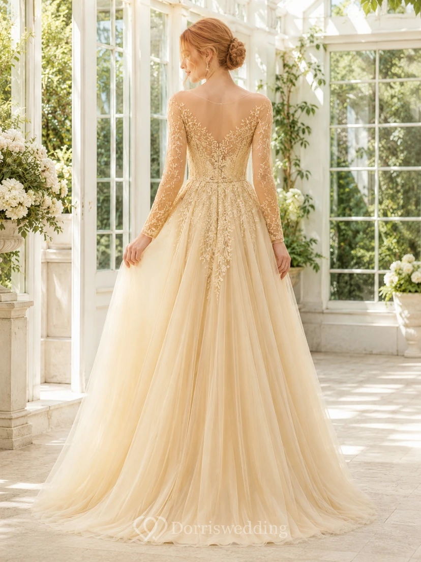 Gold Illusion Bateau Long Sleeve Applique Tulle A-Line Floor-Length Gown view 2