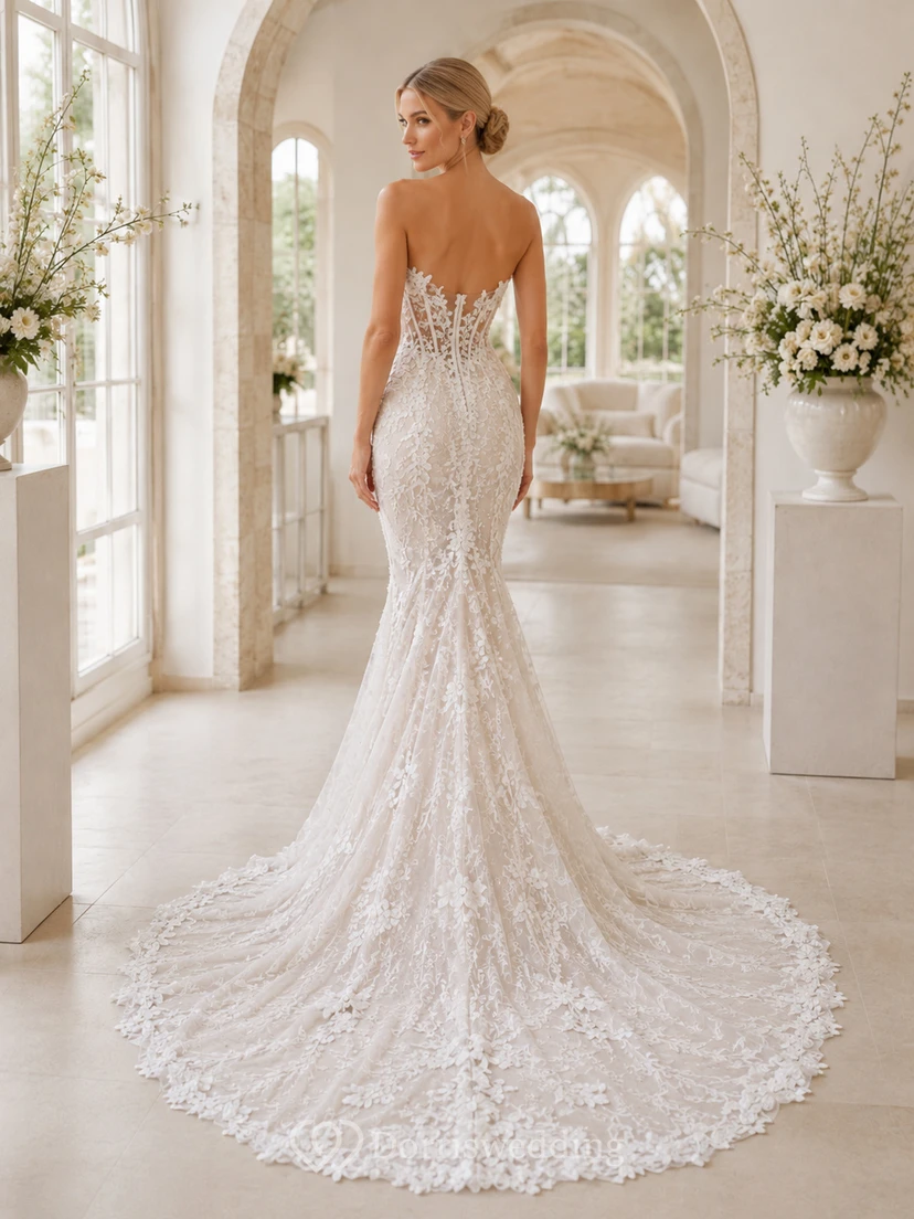 Robe de mariée champêtre classique en dentelle, bustier cœur, sirène, traîne chapelle, applications florales view 2