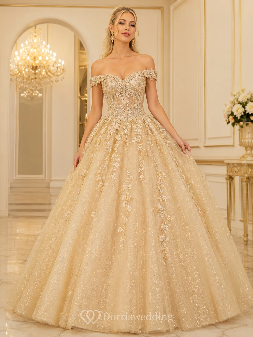 Robe de bal de princesse dorée de luxe à épaules dénudées et décolleté en cœur, ornée de paillettes et d'appliqués floraux, pour les 16 ans.