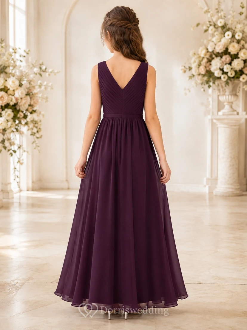 Pflaumenfarbenes Brautjungfernkleid für junge Damen, A-Linie, V-Ausschnitt, ärmellos, elegant, formell view 2