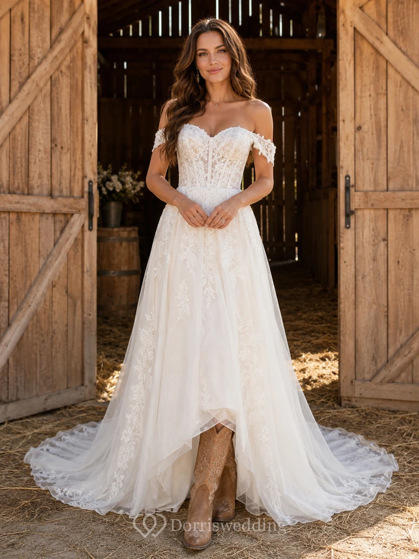Robe de mariée de maternité, épaules dénudées, manches en dentelle, coupe trapèze, décolleté en cœur