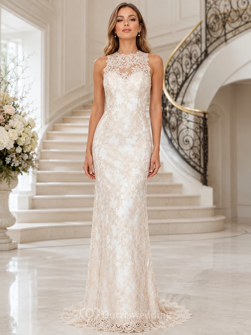 Vestido de novia de lujo sin mangas con escote joya y cola de sirena con encaje y cuello joya.