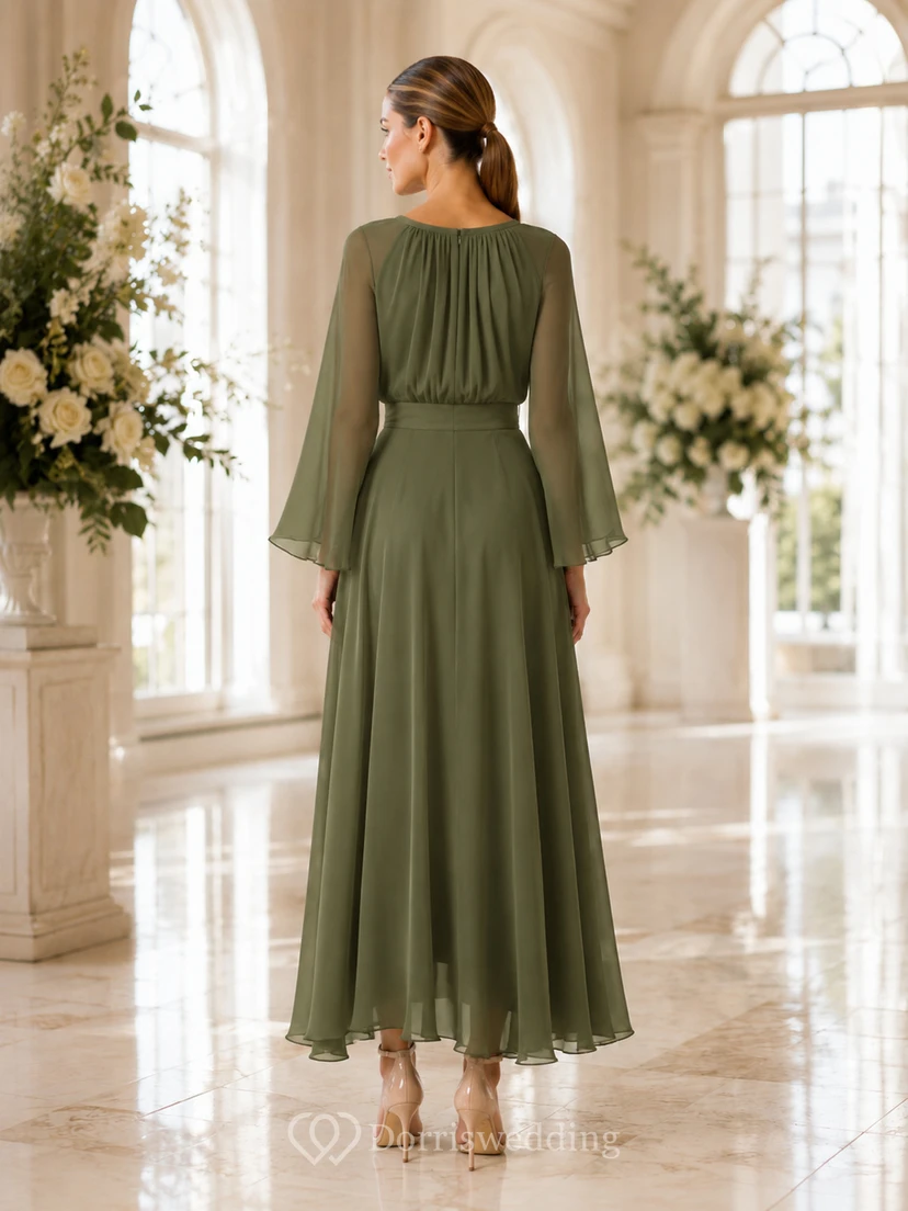celadon Jewel Neck Bell Sleeve Asymmetrical Chiffon Guest Dress view 2