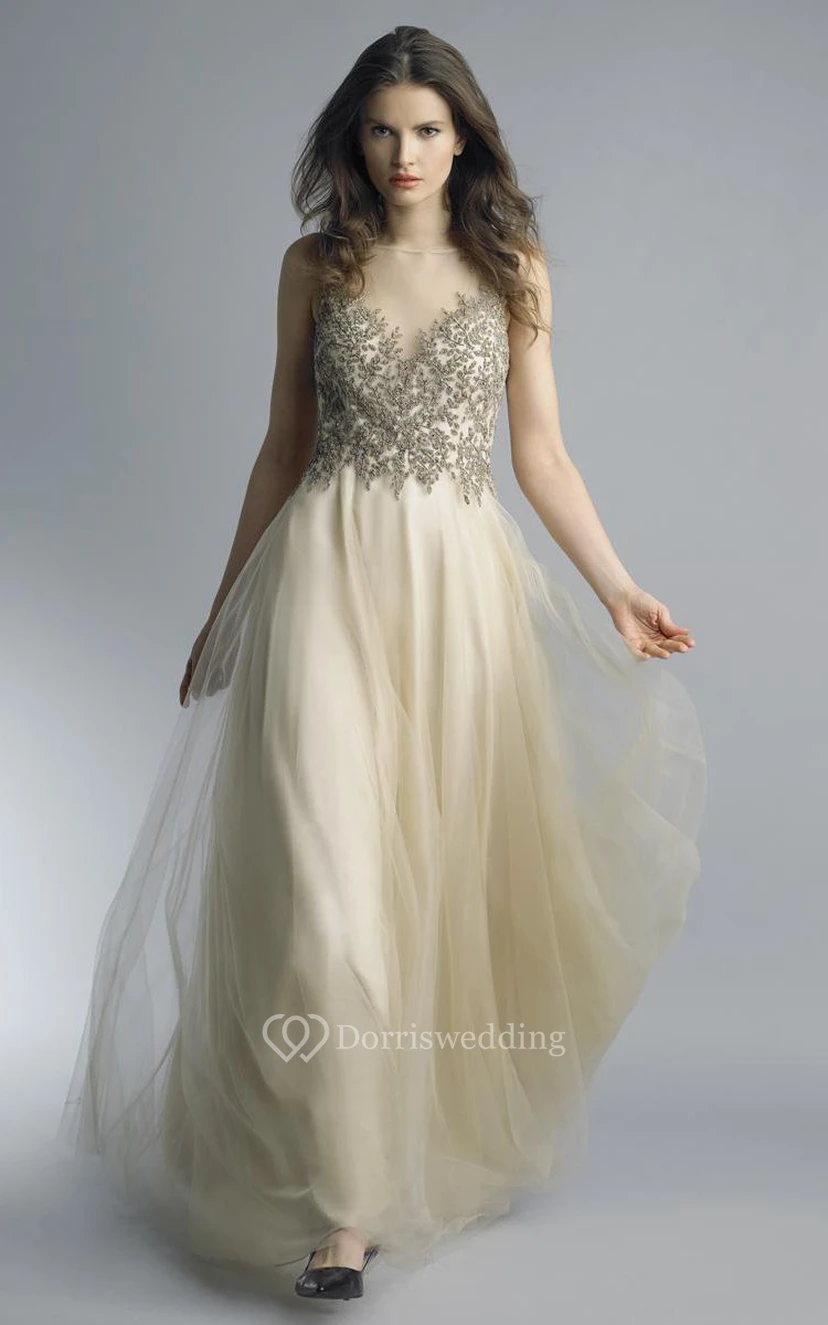 A-line Floor-length High Neck Sleeveless Tulle Low-V Back Dress view 5