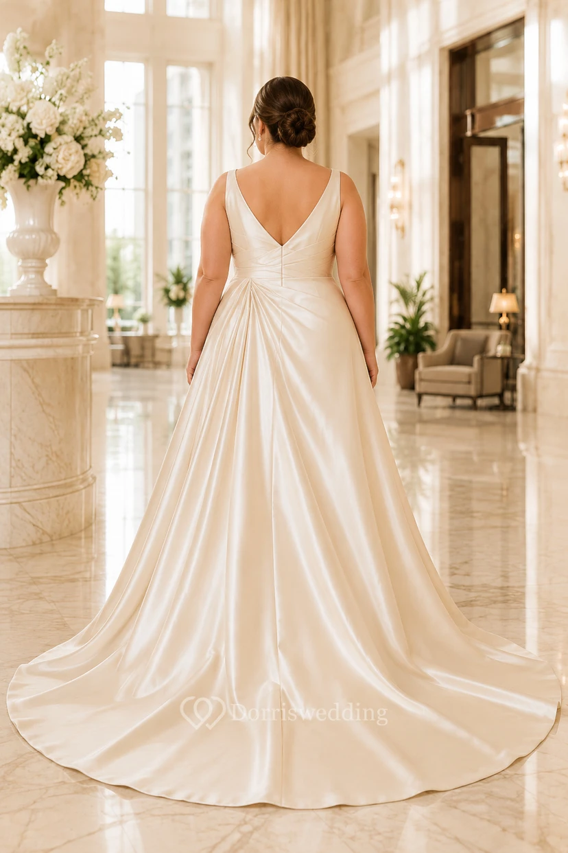 Robe de mariée grande taille en satin, col V, coupe trapèze view 2