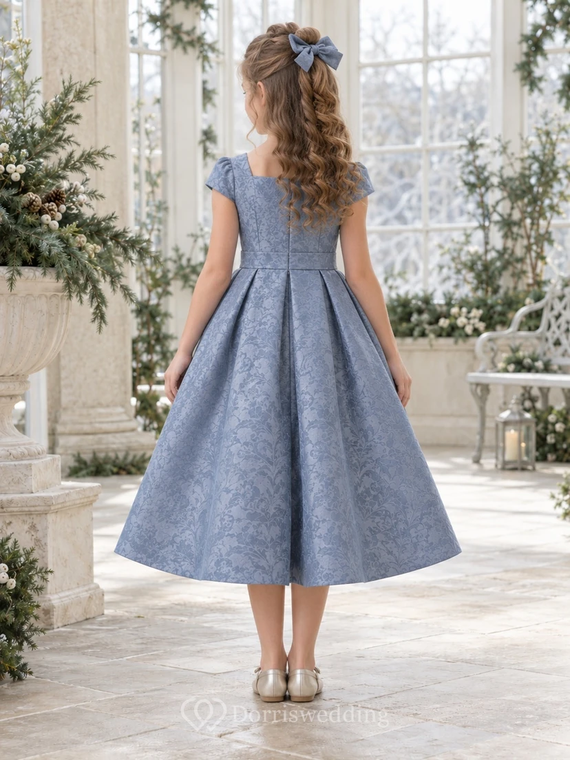 Dusty Blue Square Neck Brocade Cap Sleeve Bow Flower Girl Dress view 2