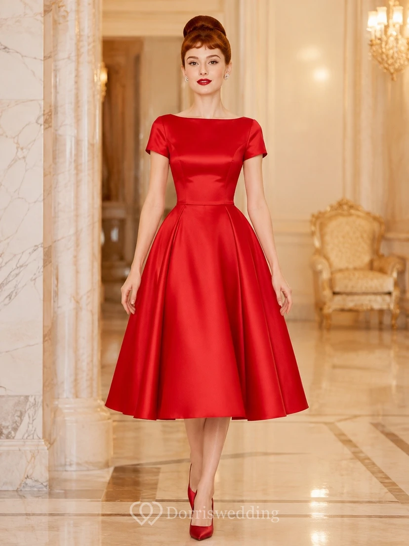 Vestido vintage rojo de satén con cuello joya, manga corta y largo hasta la rodilla.