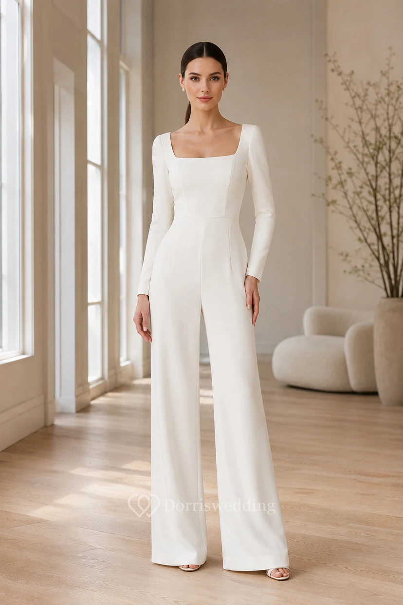 Weißer Satin-Jumpsuit mit eckigem Ausschnitt und langen Ärmeln für Hochzeiten