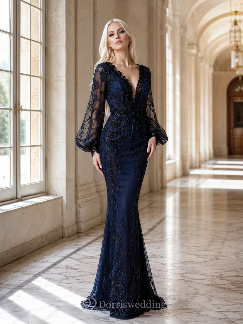 Dark Navy Gothic V-Neck Bell-Sleeve Lace Mermaid Floor Evening Gown