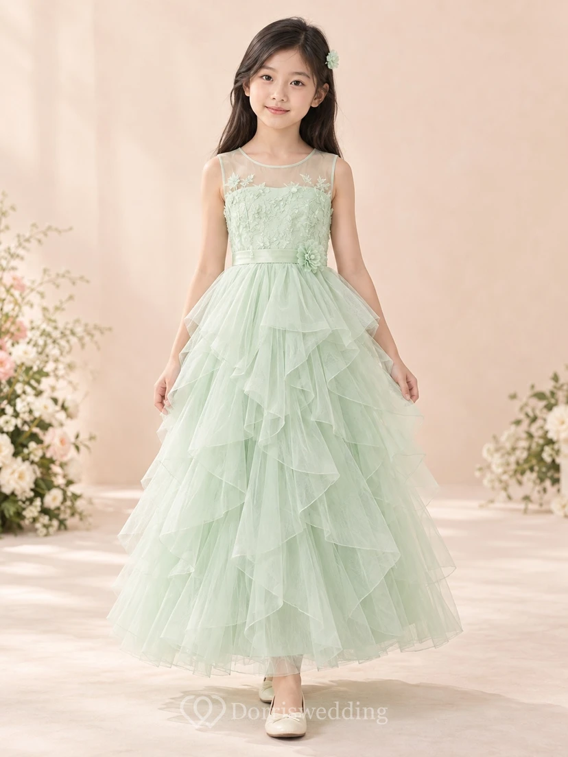 Mint Illusion Neck Sleeveless Floral Lace Cascading Tulle Flower Girl Dress