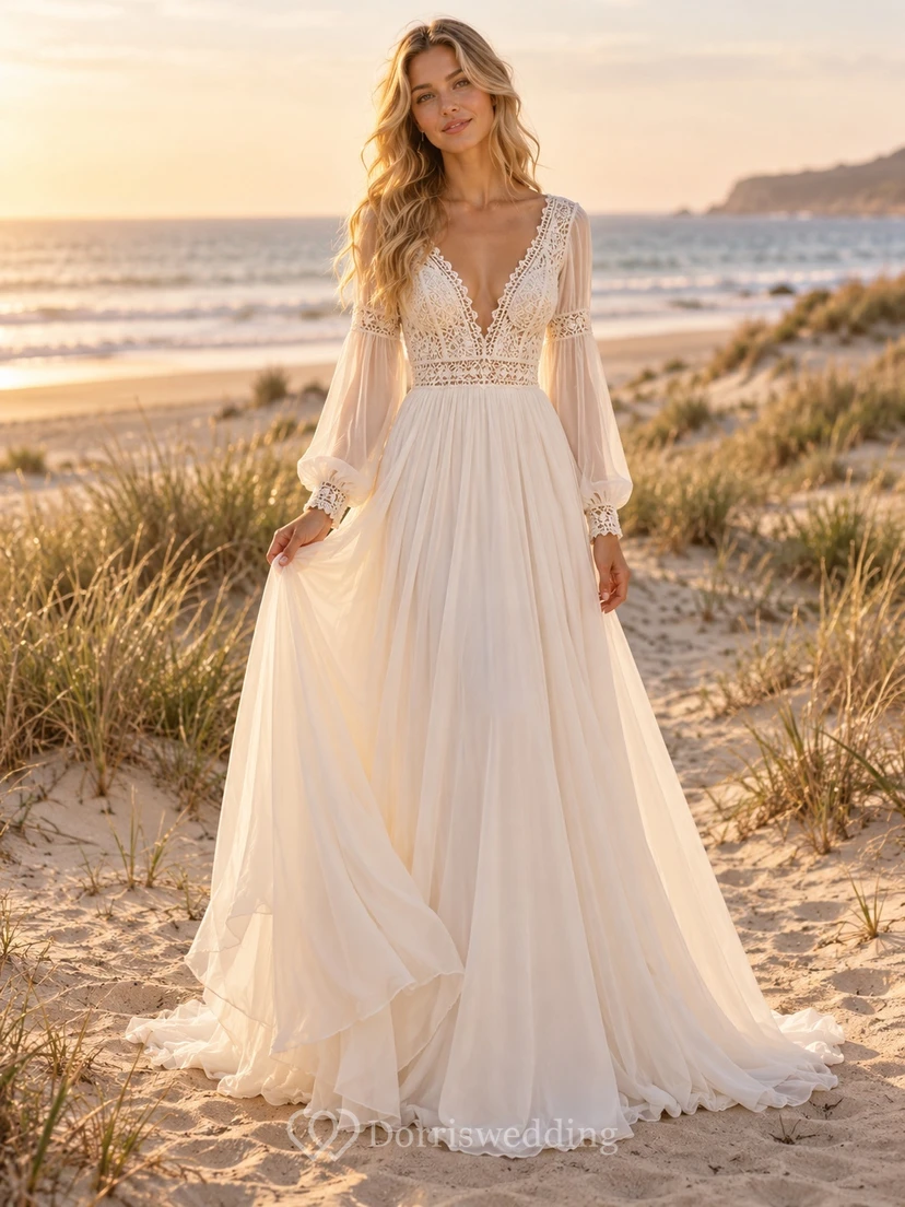 Boho Long Poet Sleeve Plunge V-neck Chiffon Wedding Dress