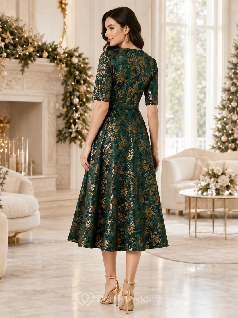 Dark Green V Neck Half Sleeve Gold Jacquard Wrap Tea Guest Dress view 2