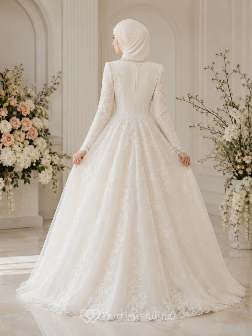 Vestido de novia musulmán de corte A con escote cuadrado y encaje discreto view 2