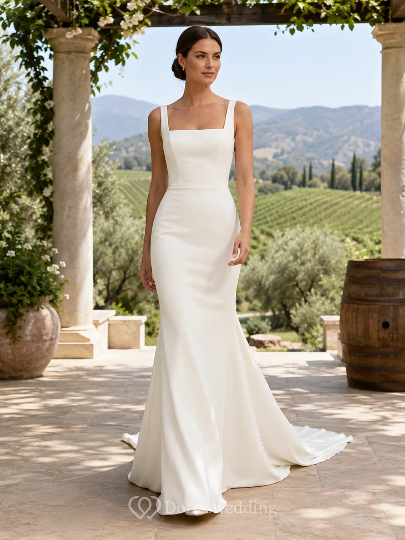 Robe de mariée sirène moderne en crêpe à col carré pour un mariage de destination dans un vignoble