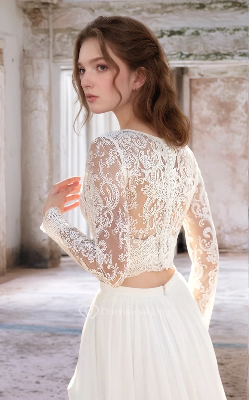 Vestido de novia de dos piezas con encaje, manga larga y falda de gasa. view 4