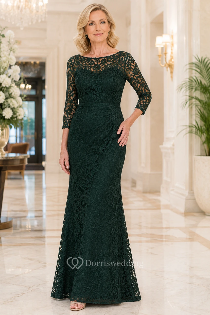 Dark Green Long Sleeve Lace Sheath Mother Dress