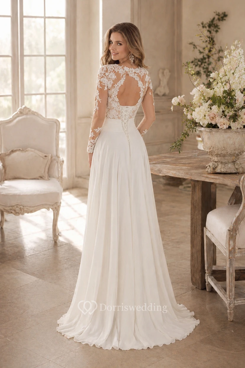 Himmlisches, bodenlanges Vintage-Brautkleid aus Chiffon und Spitze mit V-Ausschnitt und Schlüssellochausschnitt am Rücken view 3