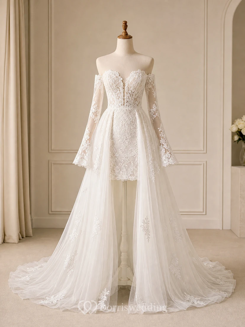 Robe de mariée mini en dentelle à épaules dénudées avec surjupe en tulle amovible et manches longues view 10