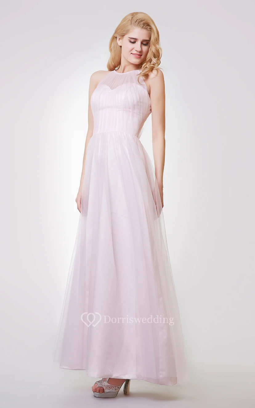 Sleeveless A-line Long Tulle Dress With Pleats view 2
