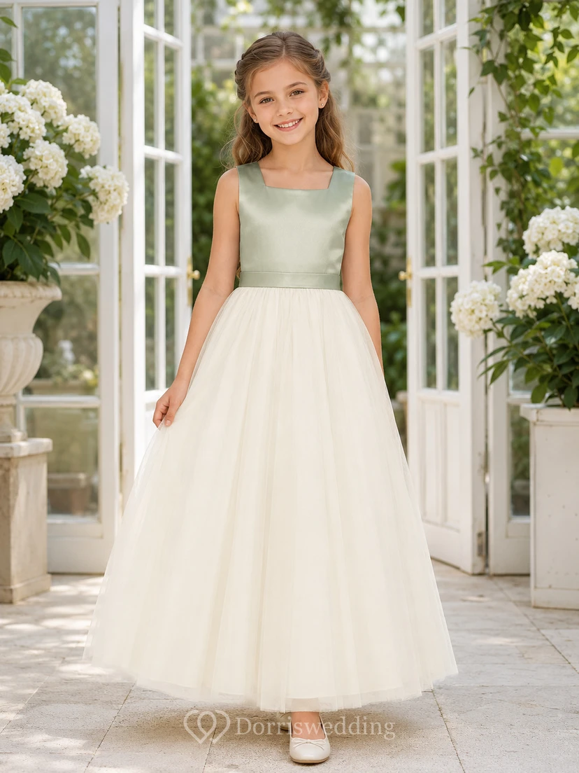 Flower Girl Dress Sage Tulle A-Line Jewel Neck Floor Length Pleated