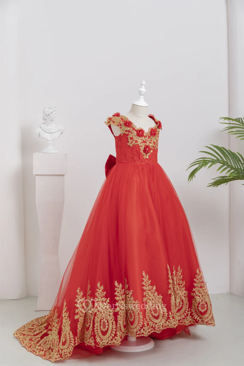 Cap Red Ball Gown Applique Flowergirl Dress with Pop up Petal view 3
