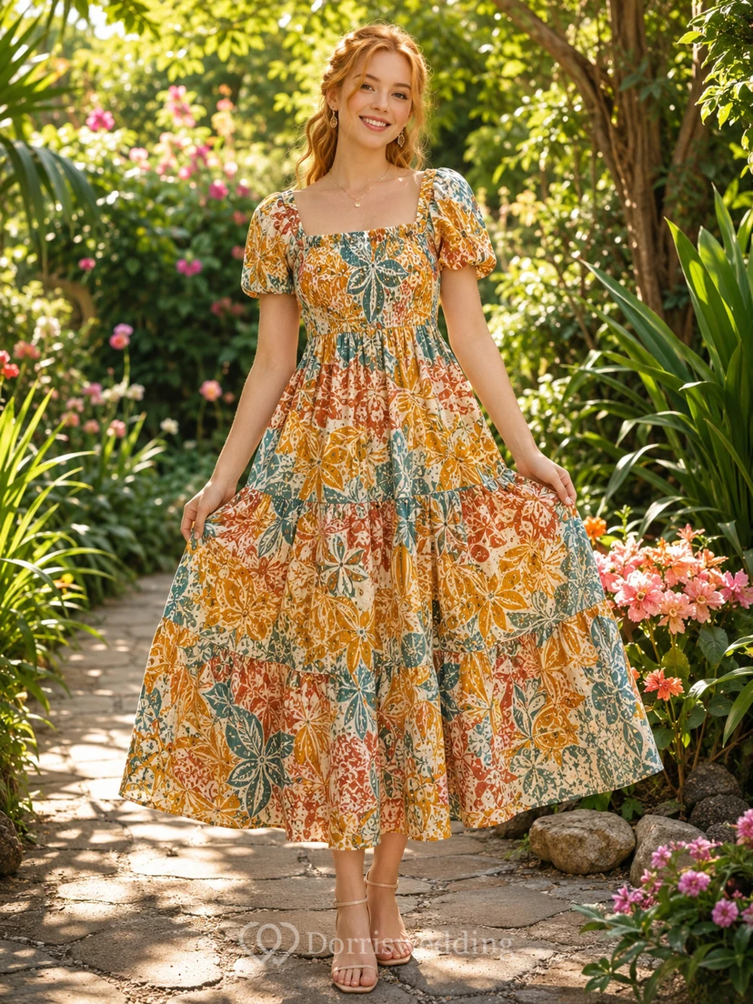 Vestido midi naranja con estampado batik tropical, cuello cuadrado y mangas abullonadas