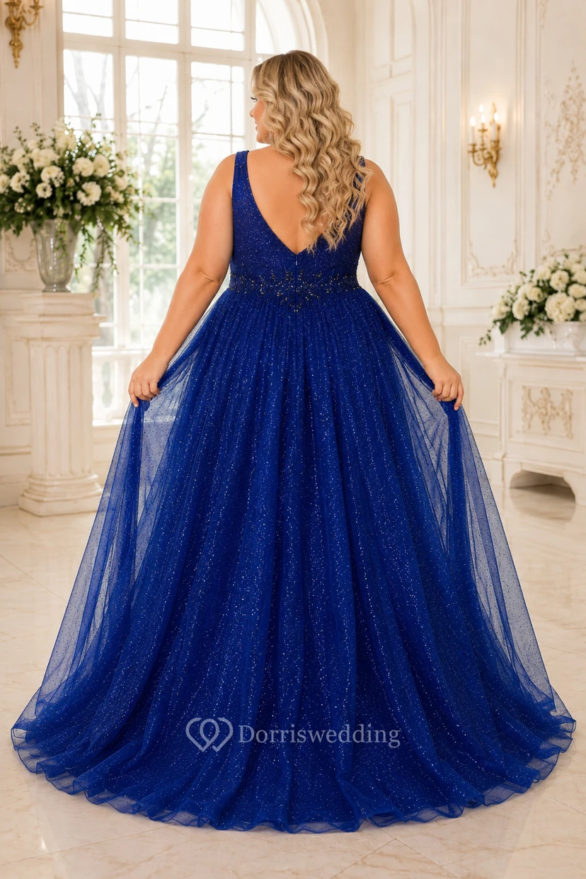 Royal Blue Plus Size Glitter Tulle Ball Gown with V-Neck for Prom Quinceanera and Formal Celebrations view 2