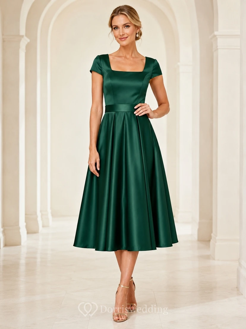 Robe de soirée en satin émeraude, manches courtes, col carré, coupe trapèze, longueur thé