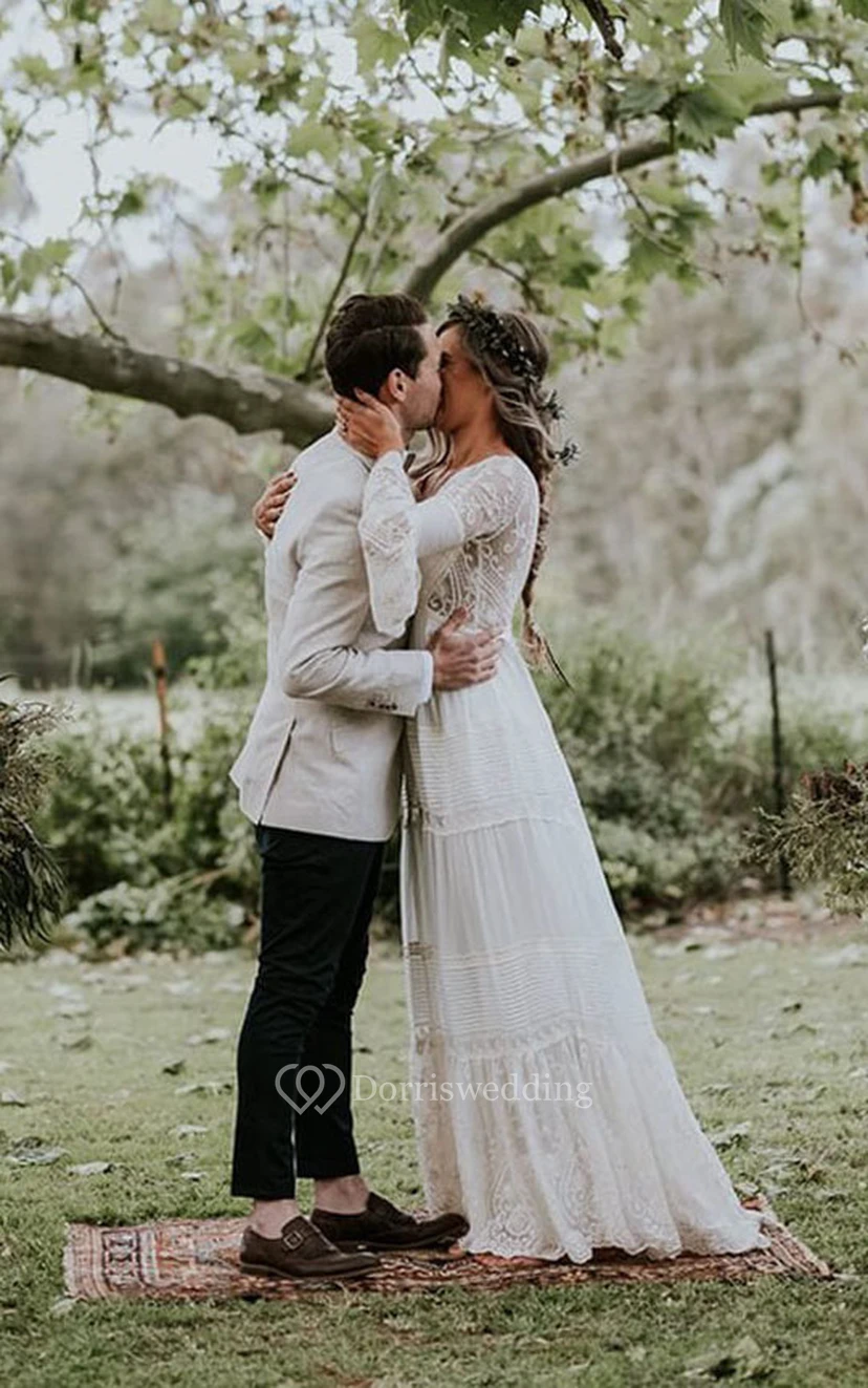 Boho Long Sleeve A-line Wedding Dress | Lace Country Casual Bridal Gown view 4
