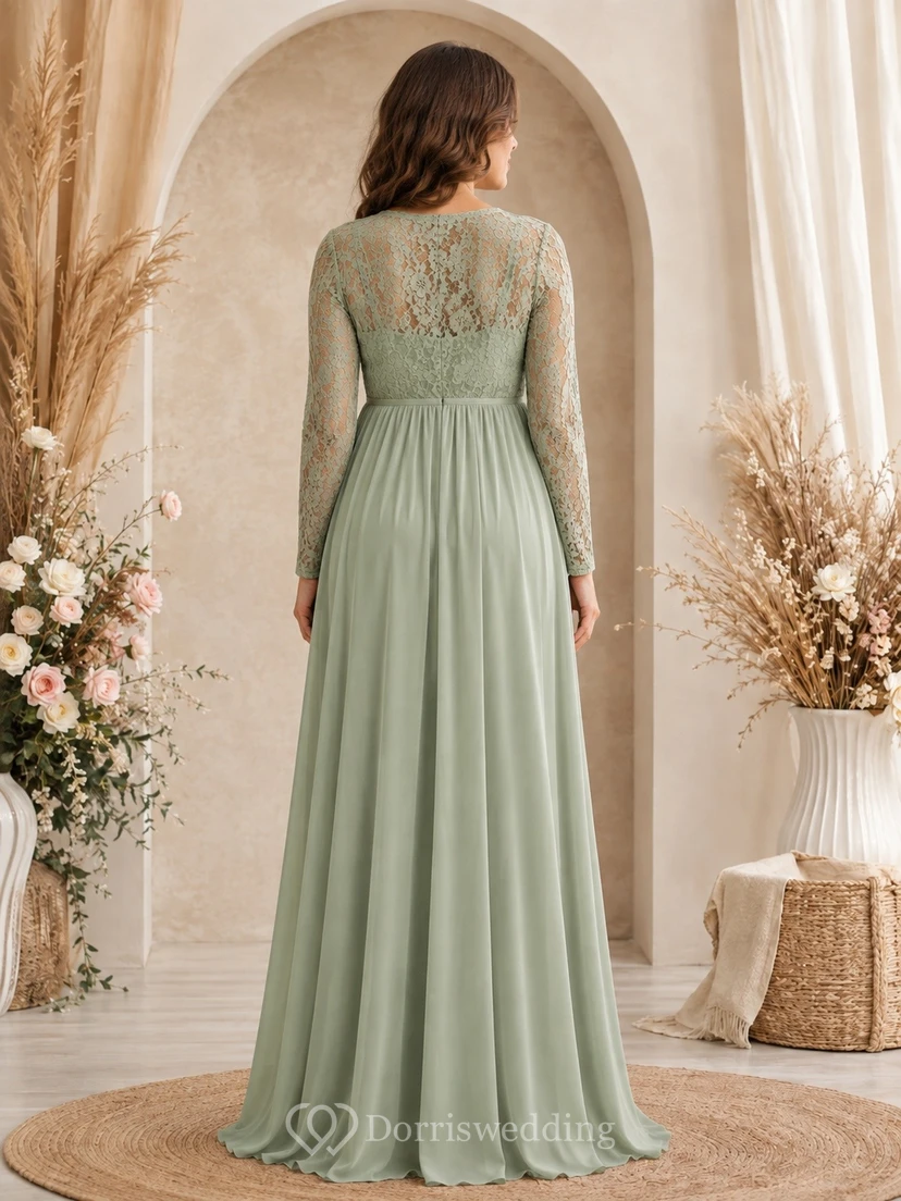 Sage Green Maternity Lace Long-Sleeve V-Neck Empire Floor-Length Dress view 2
