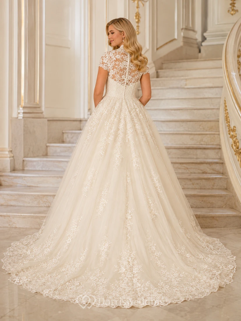 Robe de mariée de bal luxueuse en tulle avec col montant, manches courtes et application de dentelle florale. view 2