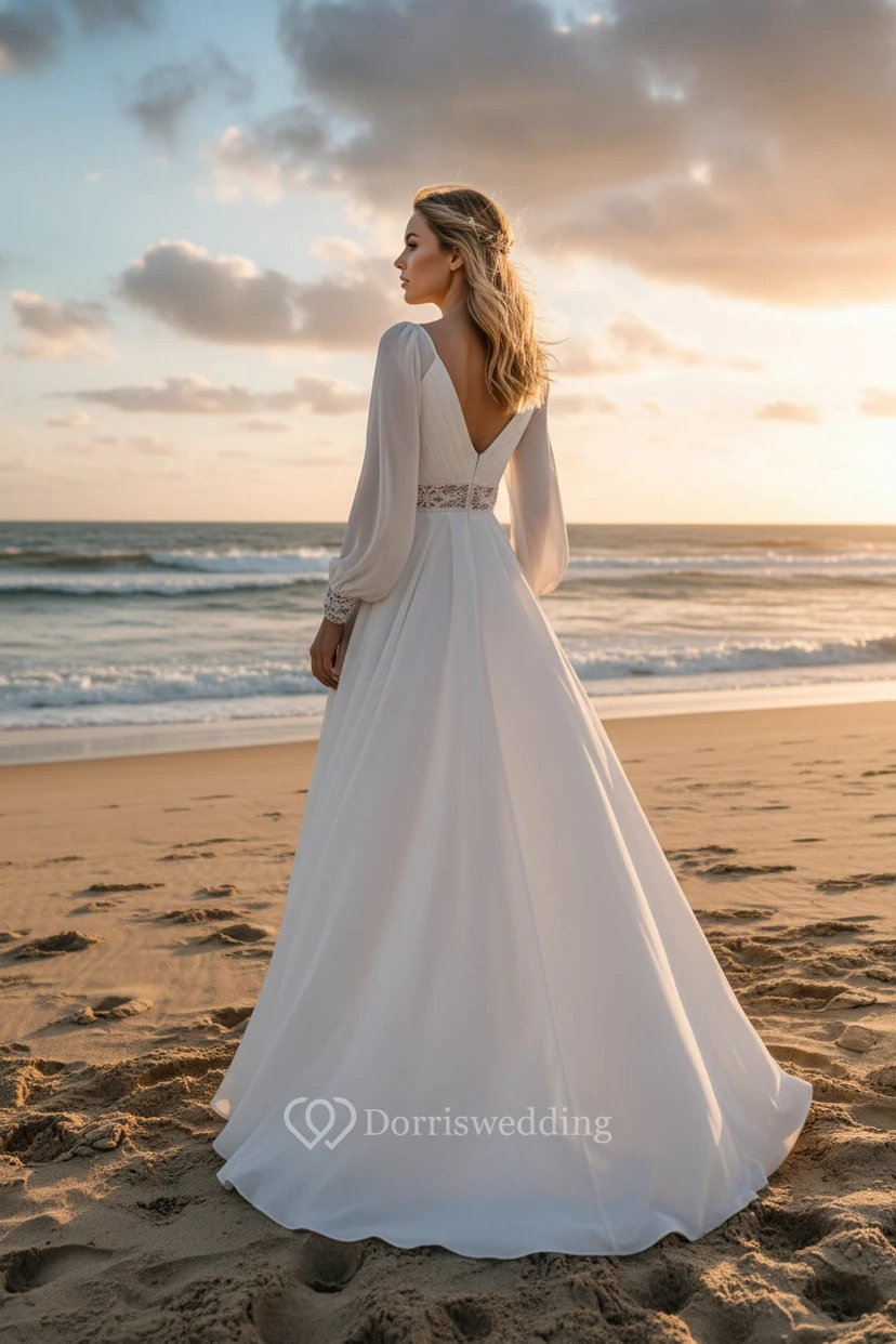 Robe de mariée en mousseline à manches longues et col en V, avec taille en dentelle et manches gigot view 2