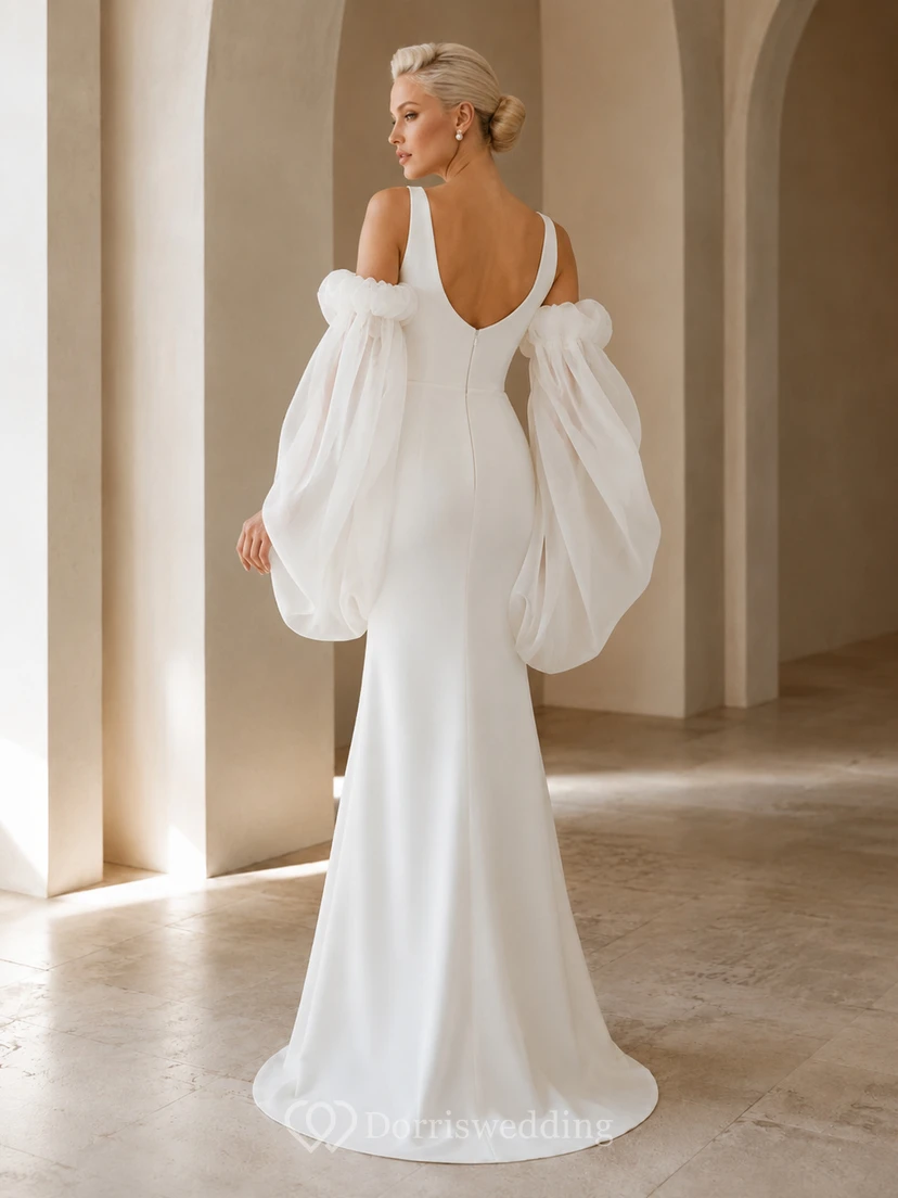 Robe de mariée fourreau en satin à épaules dénudées et manches ballon, style bateau view 2