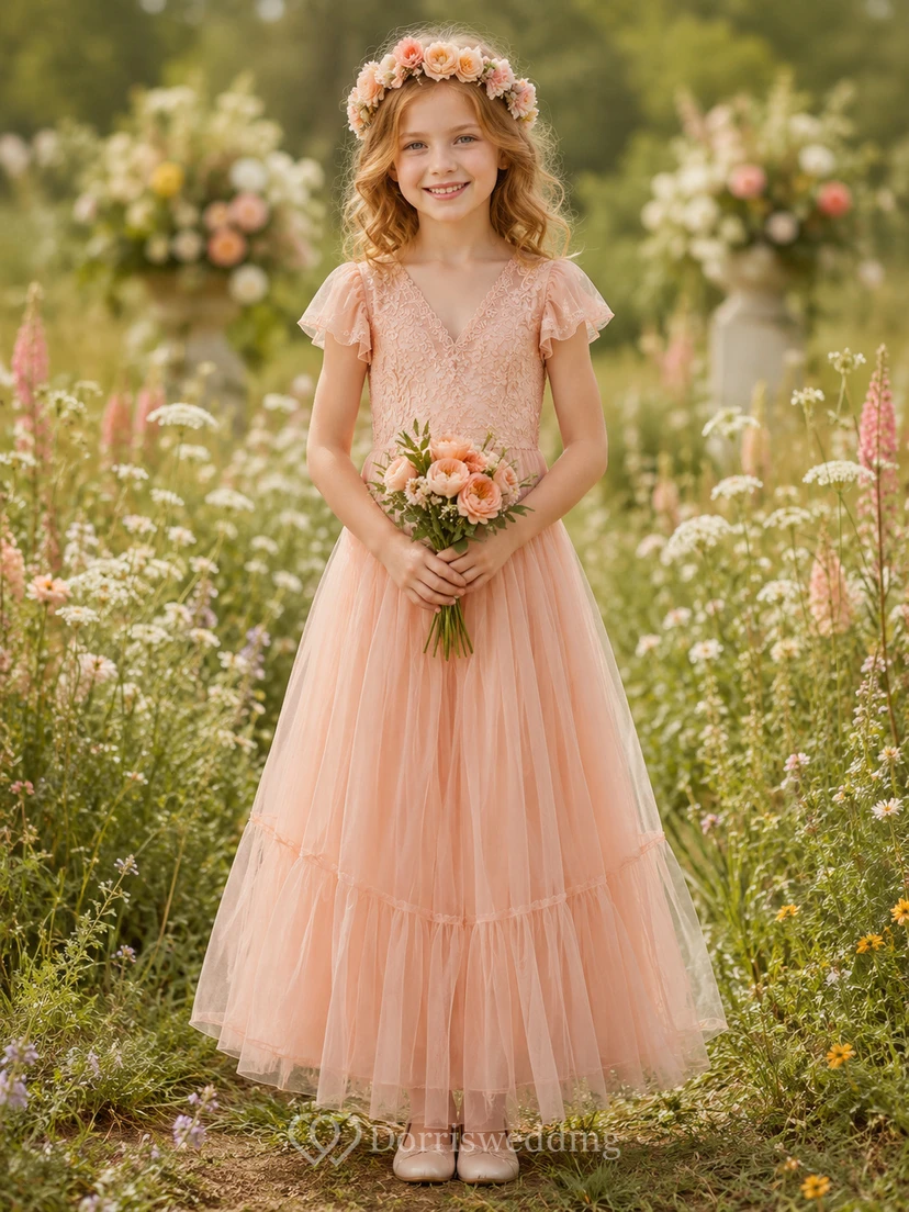 Blumenmädchenkleid aus korallenfarbenem Tüll, A-Linie, Rundhalsausschnitt, Teelänge