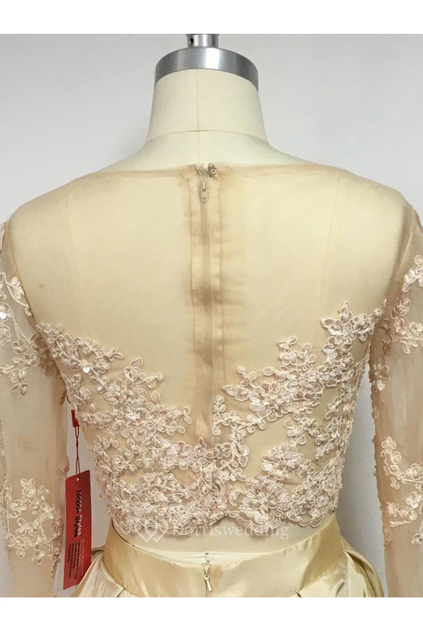A-Line Satin Lace Jewel Long Sleeve Zipper Dress view 2