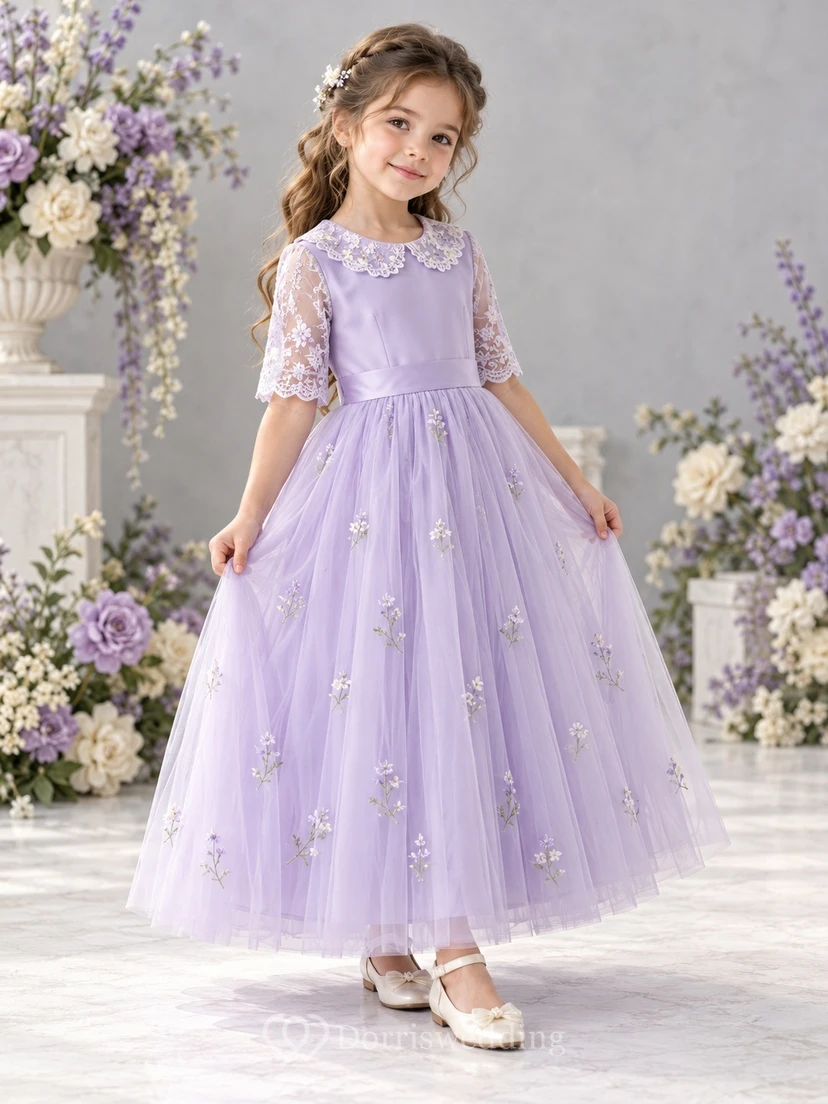 Lavender Floral Collar Elbow Lace Sleeve Flower Girl Dress