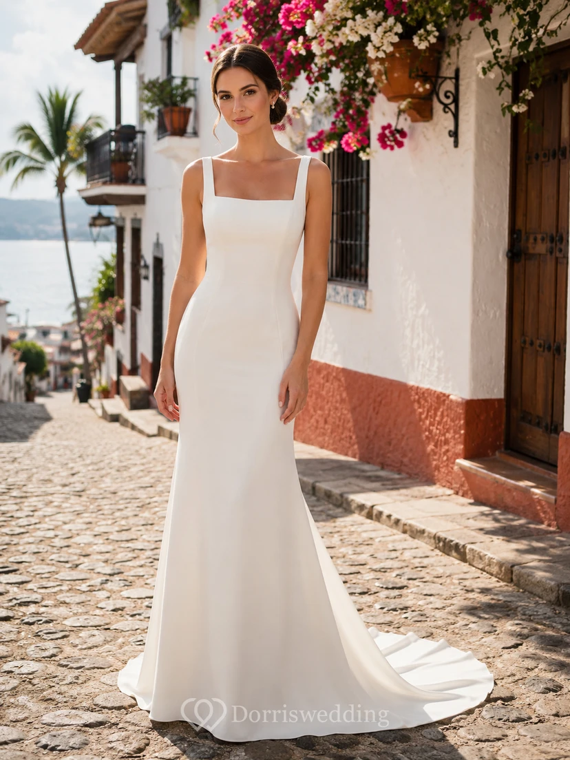Robe de mariée fourreau en crêpe à bretelles et encolure carrée moderne, idéale pour une destination côtière