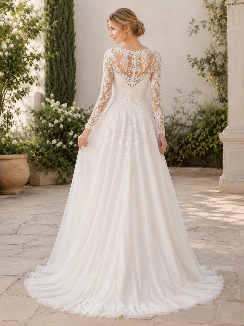 Lace Wedding Dress Mermaid V-Neck Long Sleeve Chapel Train Bridal Gown view 2