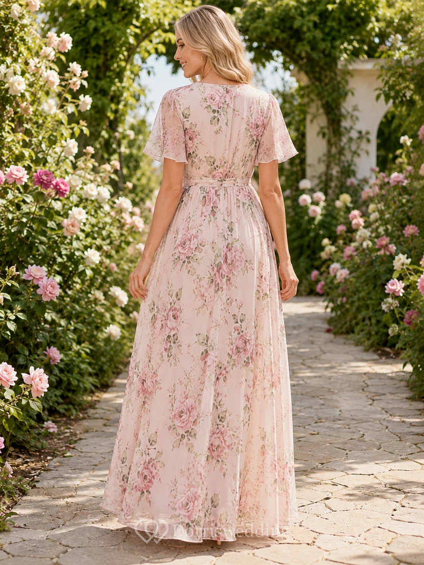 Pink Garden Floral Wrap V Neck Flutter Sleeve Maxi Guest Dress view 2