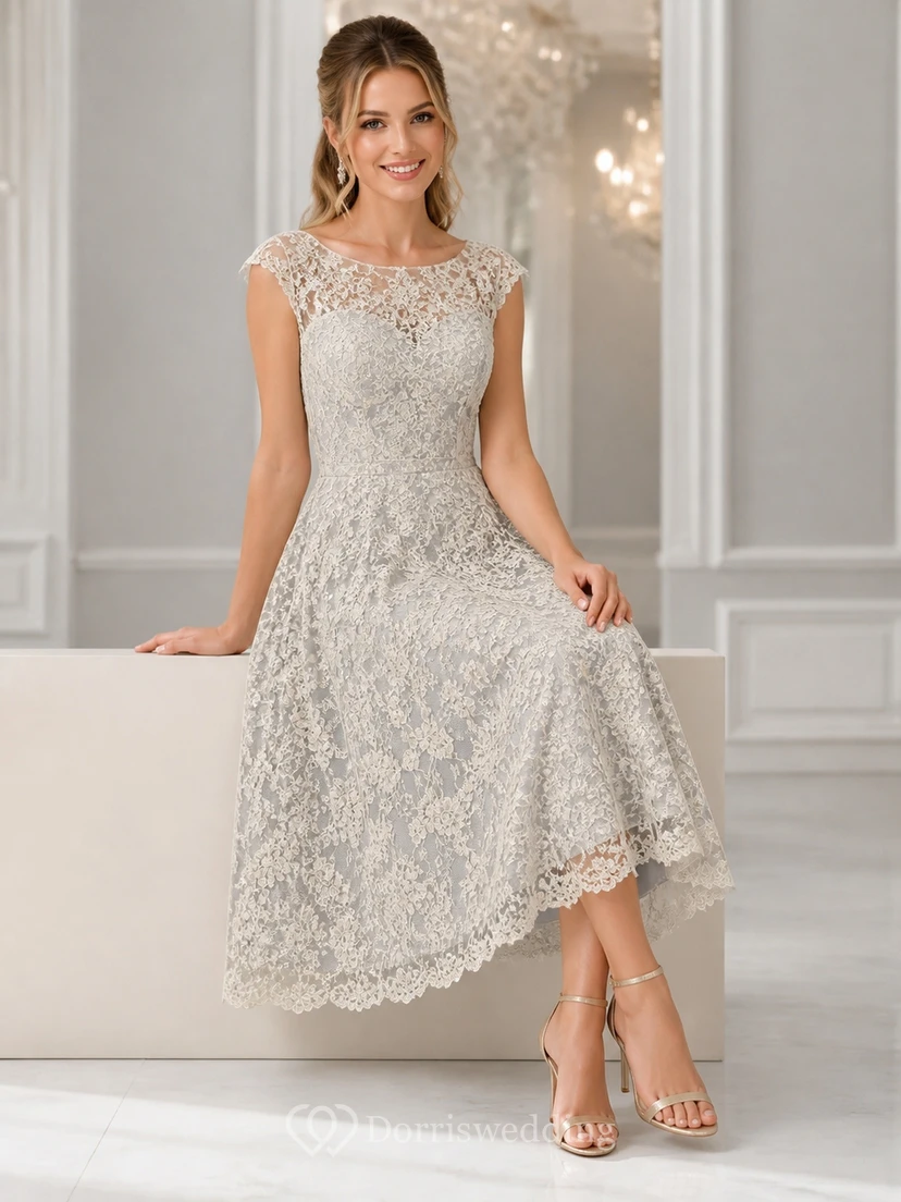 Tea-length Civil Modest Bateau Lace Cap Sleeve A-Line Wedding Dress