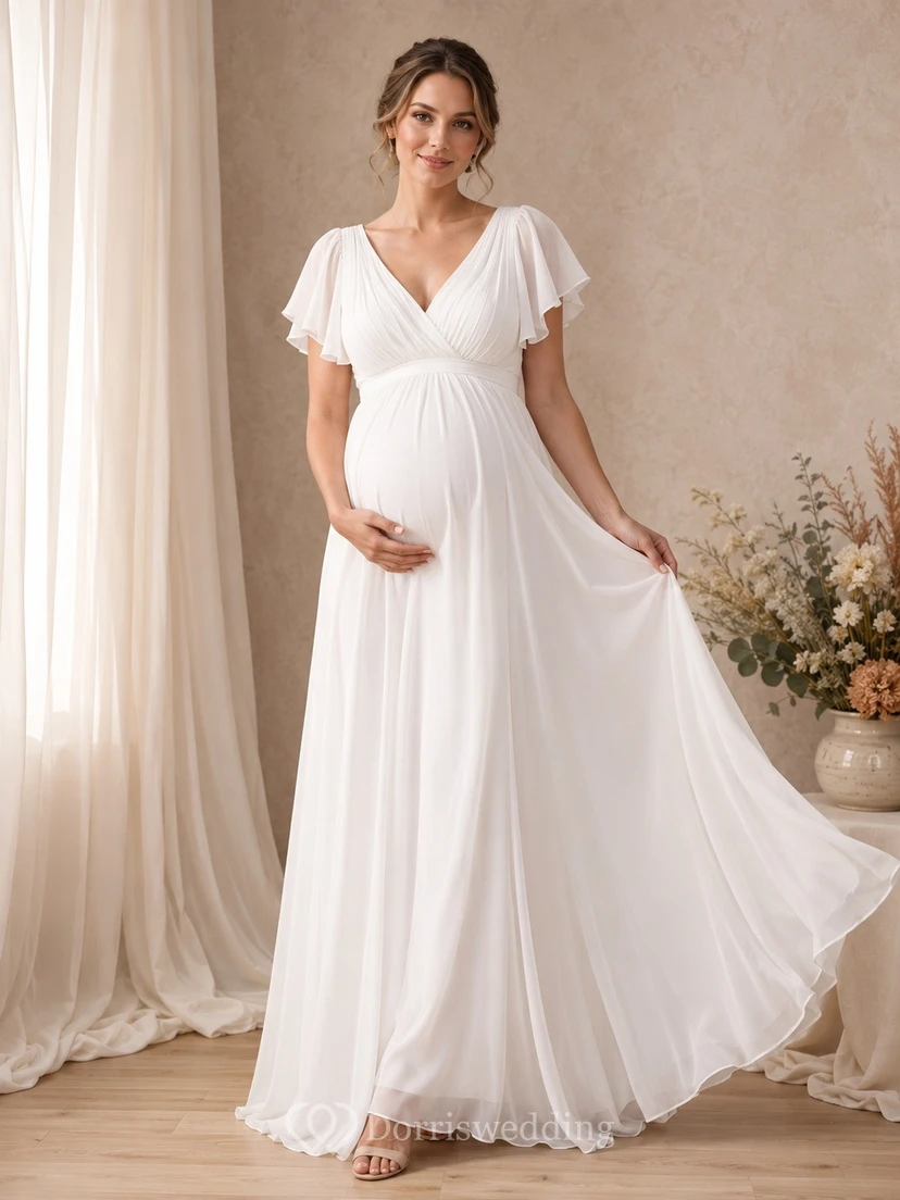Maternity Chiffon Flutter Sleeve Long Dress Classic Occasion