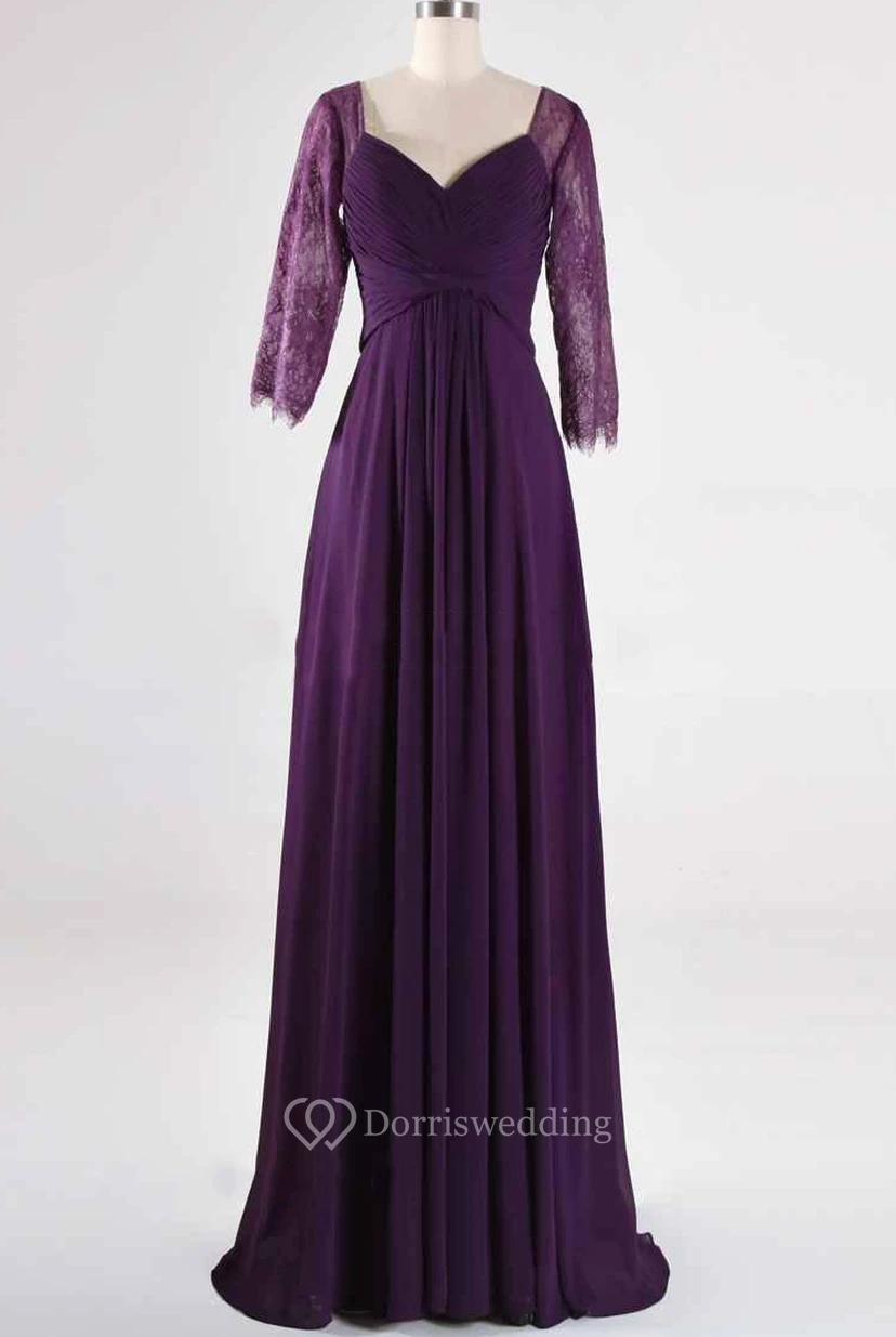 Robe en dentelle à traîne et manches 3-4, coupe trapèze