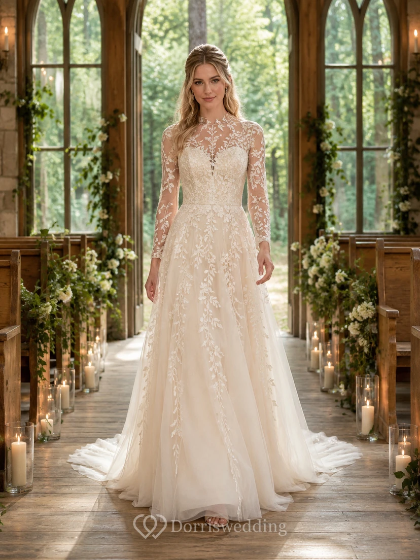 Long Sleeve Vine Lace A-Line Forest Chapel Bridal Gown