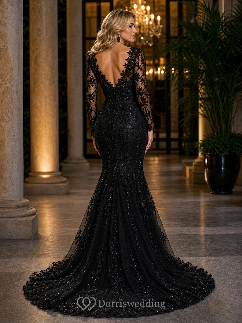Vestido de novia de sirena de encaje negro de manga larga view 4